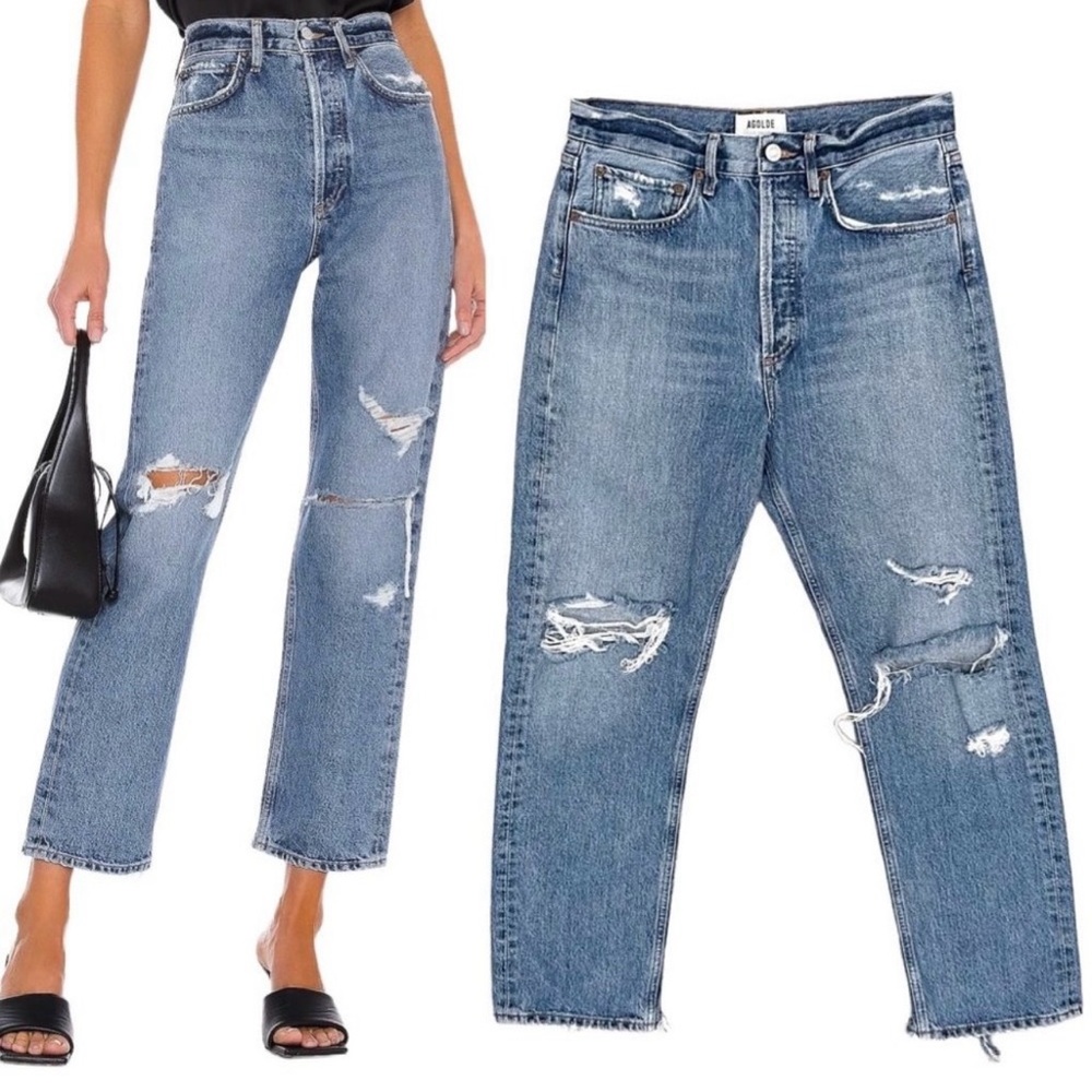 Agolde 90's Mid Rise Loose in Streamline Distressed Denim Straight Leg Jeans
